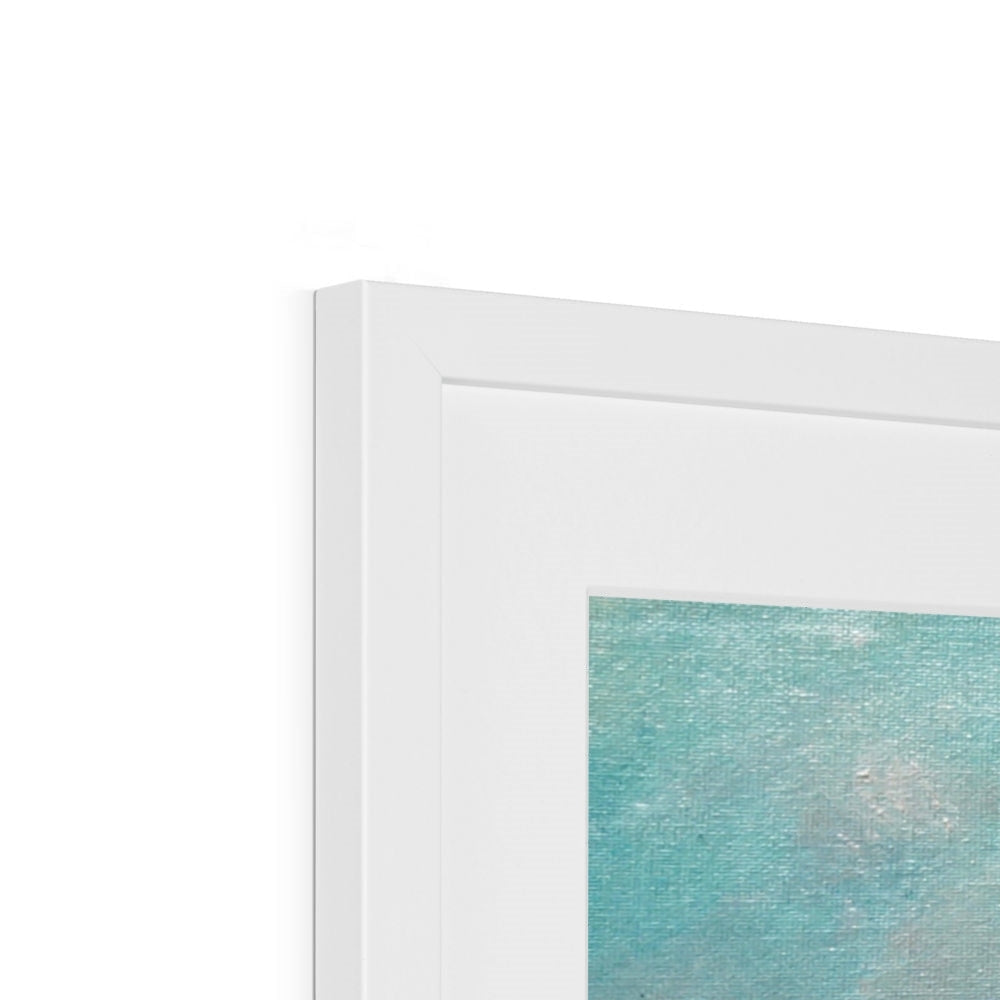 White framed Scalpsie Bay abstract art print with turquoise and beige brushstrokes