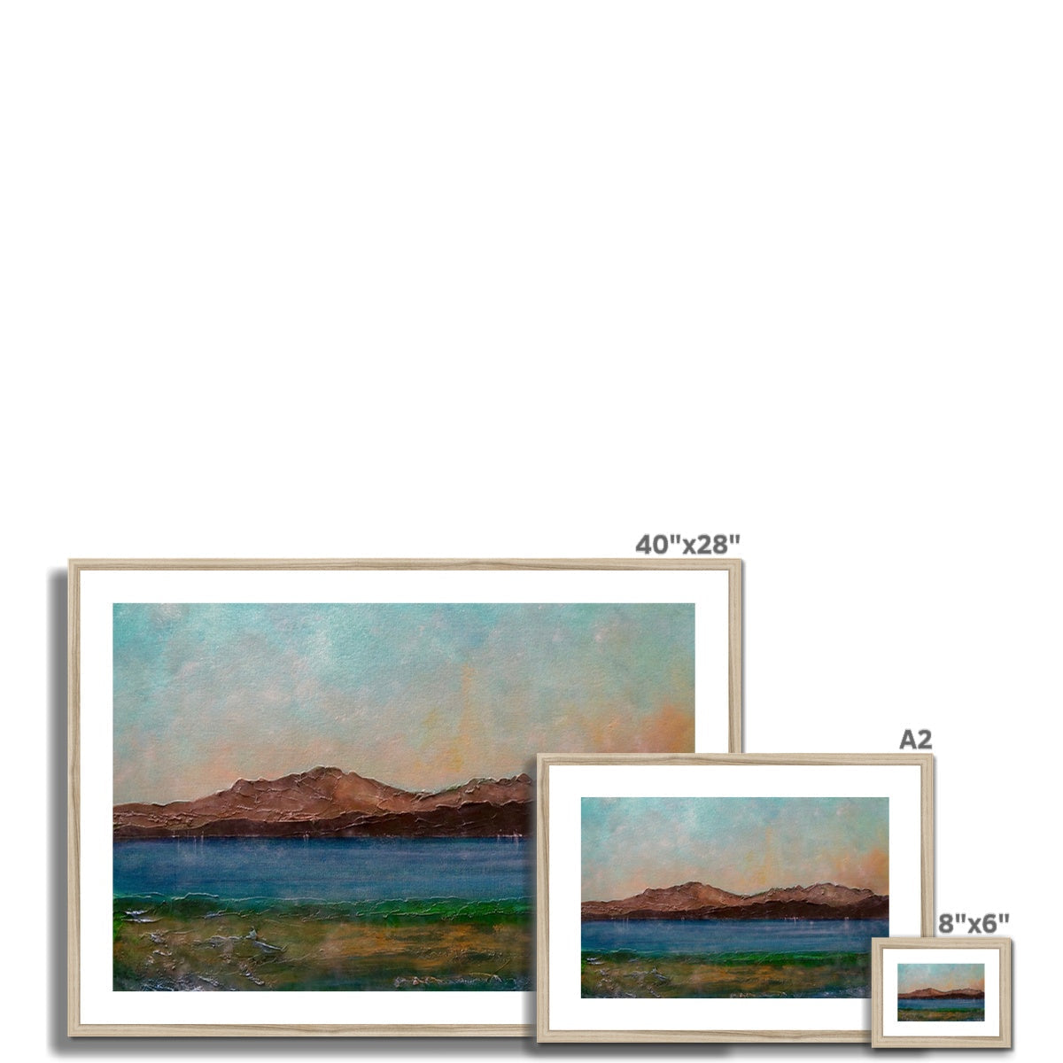 Framed abstract Scalpsie Bay art print with blue water, green shore, brown mountains