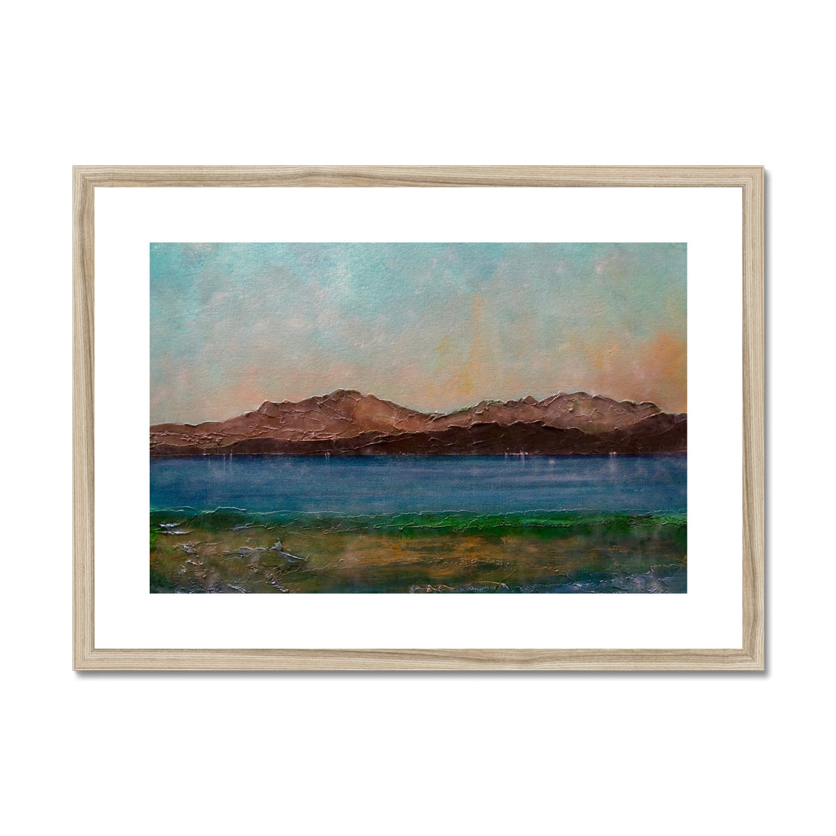 Framed Scalpsie Bay abstract landscape print with teal sky and mountains