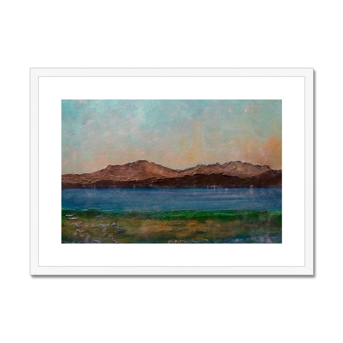 Framed abstract Scalpsie Bay landscape print with teal sky and mountains