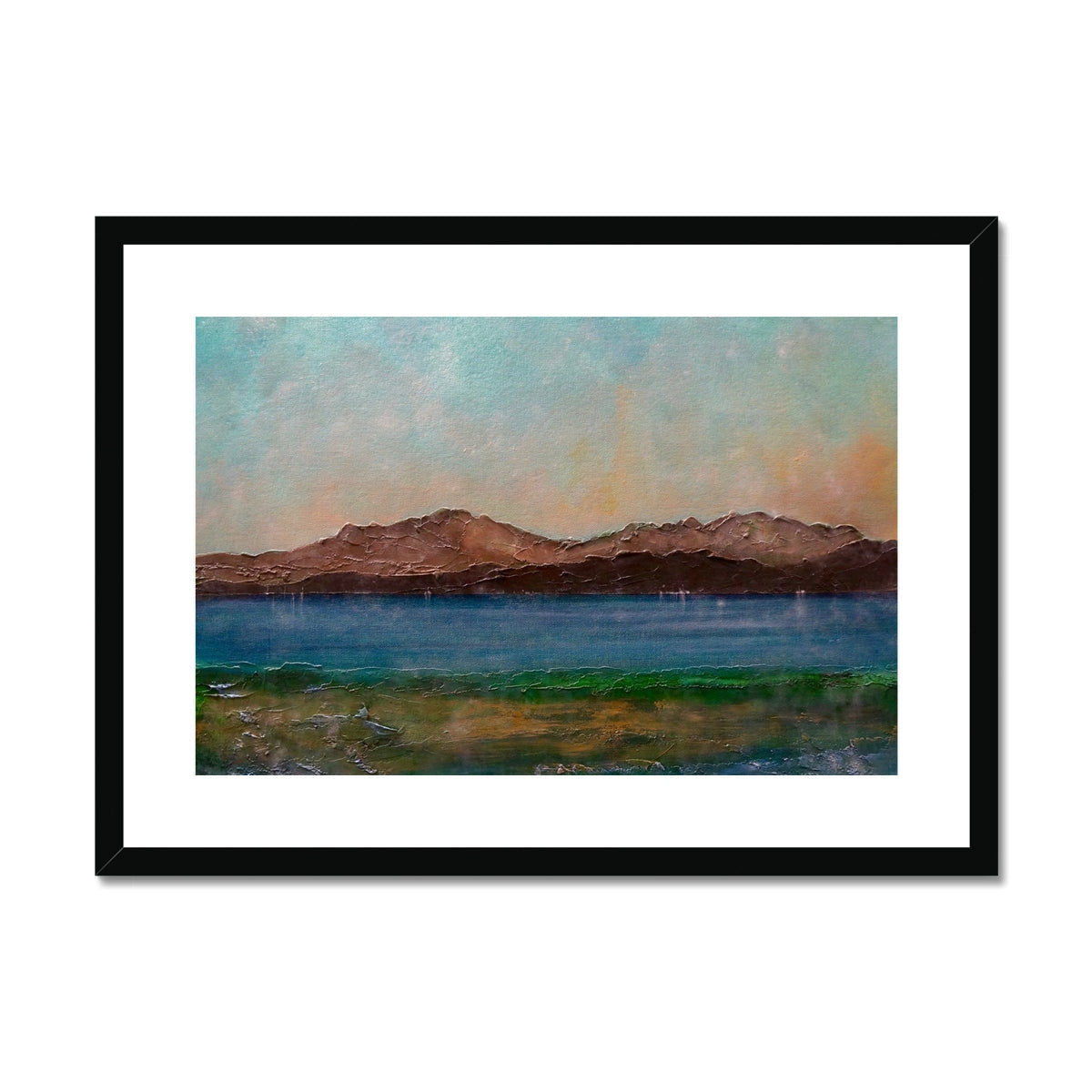 Framed abstract Scalpsie Bay landscape print with teal sky, brown mountains, and blue-green water textures