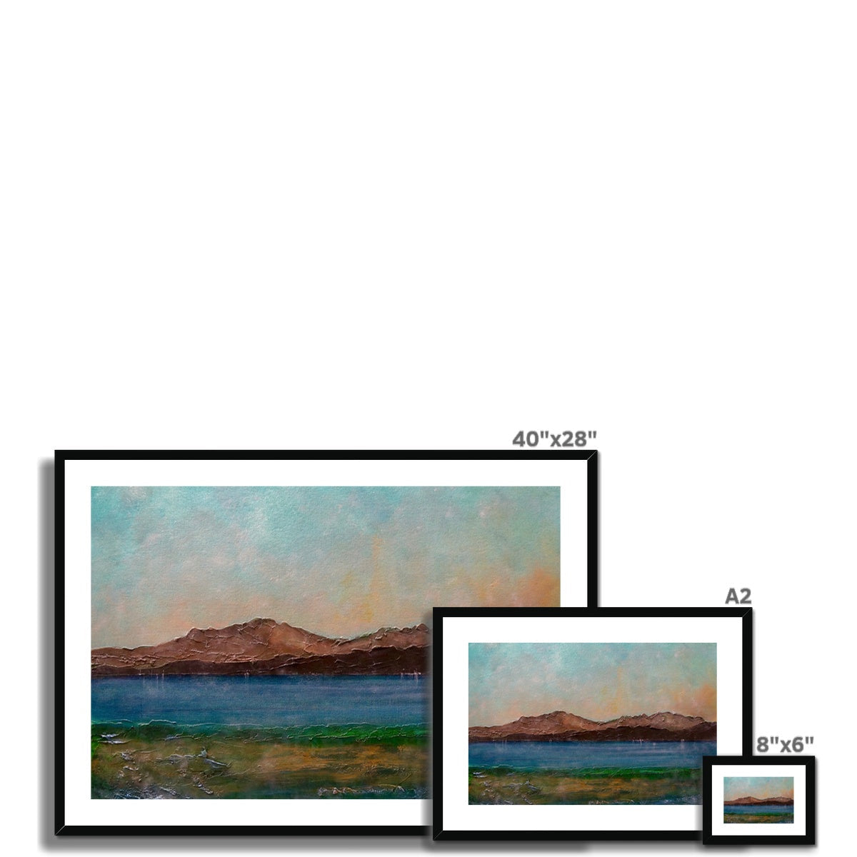 Scalpsie Bay art print: serene landscape with blue water, green shore, brown mountains