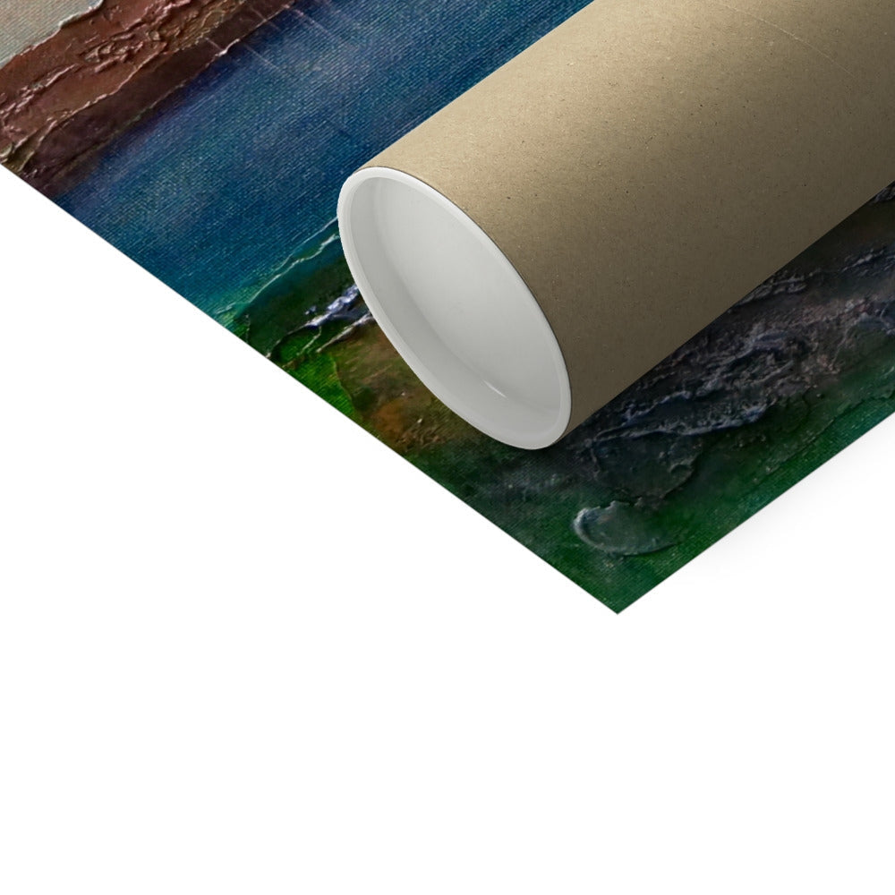 Rolled brown cardboard tube on Scalpsie Bay Artist Proof print with blue, green, brown textures