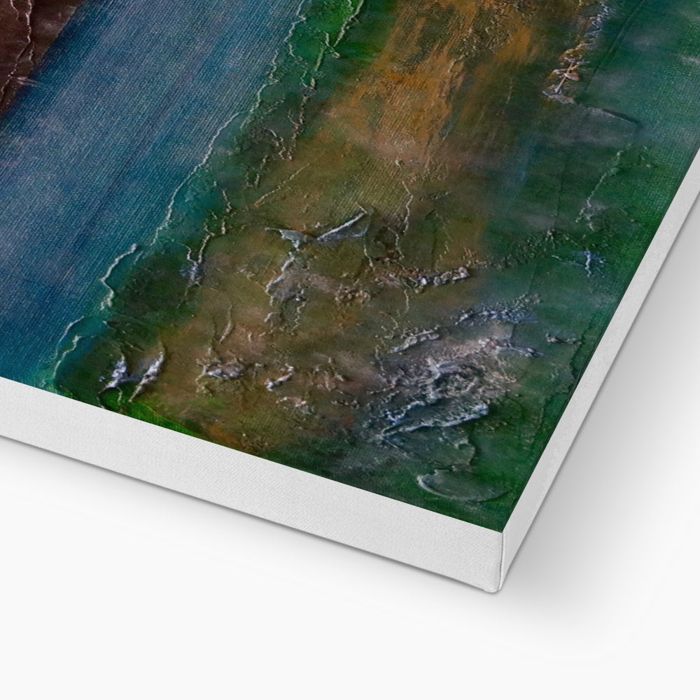 Scalpsie Bay abstract coastal canvas print in teal, green, brown hues