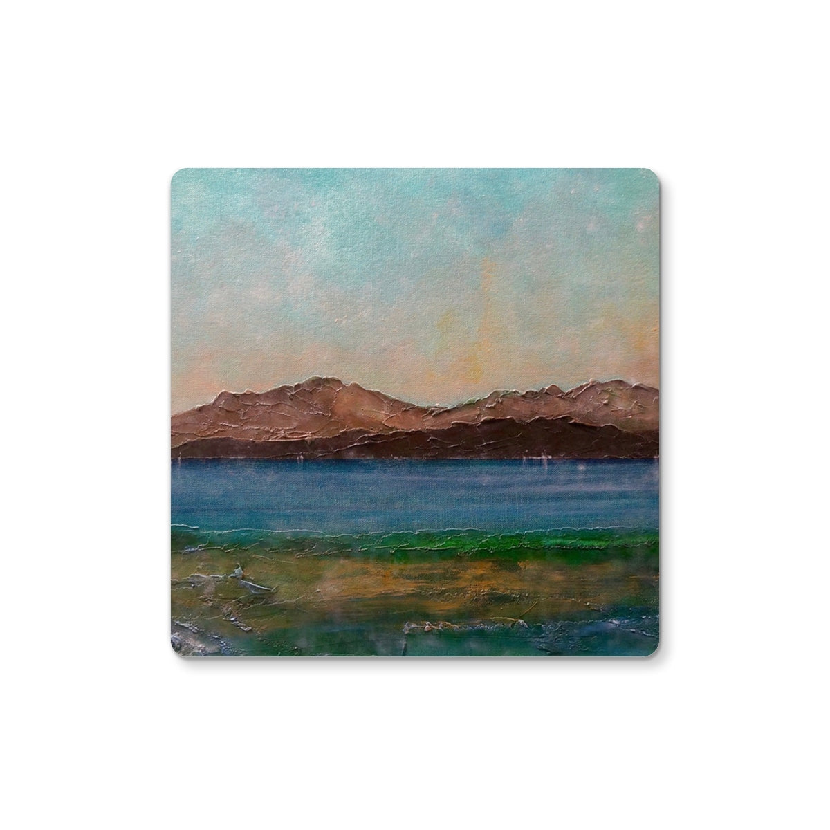 Textured impressionistic Scalpsie Bay landscape coaster with earthy mountains, teal peach sky, and blue water