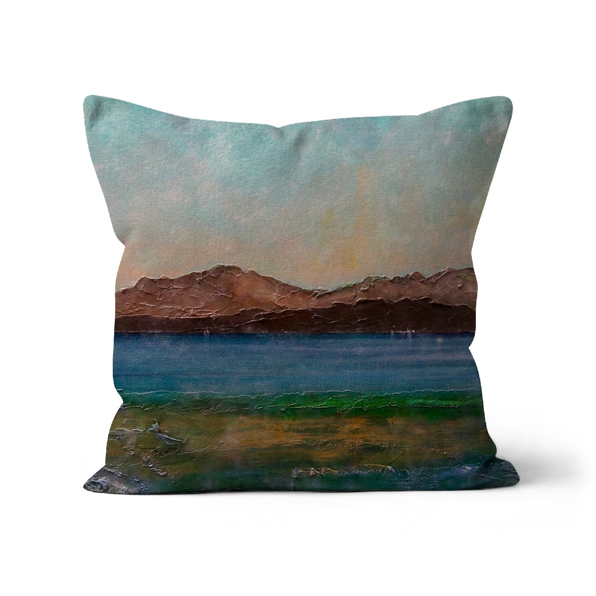 Scalpsie Bay square cushion with textured impressionistic mountain landscape