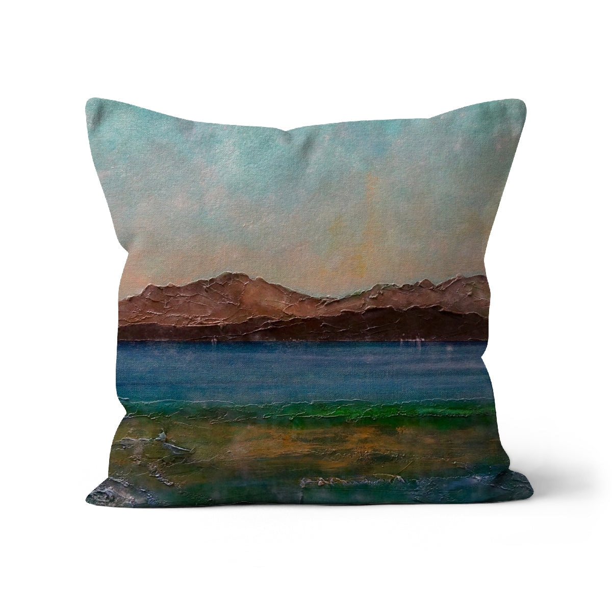 Scalpsie Bay square throw pillow with textured impressionistic mountain and water landscape in blues, greens, and browns
