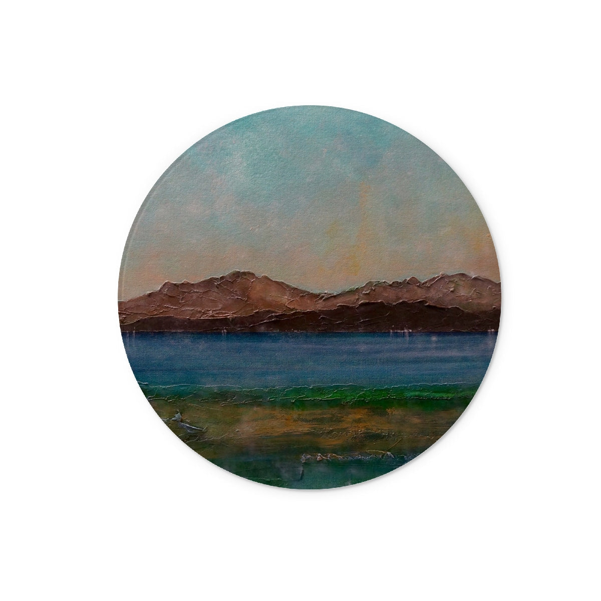 Scalpsie Bay glass chopping board with teal sky and mountain abstract art