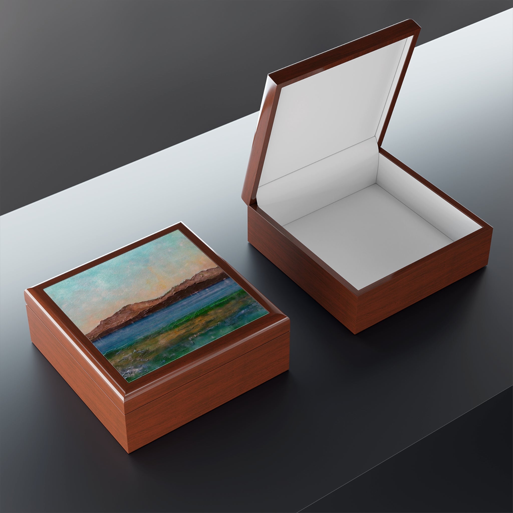 Brown wooden Scalpsie Bay jewellery box with painted Scottish landscape lid