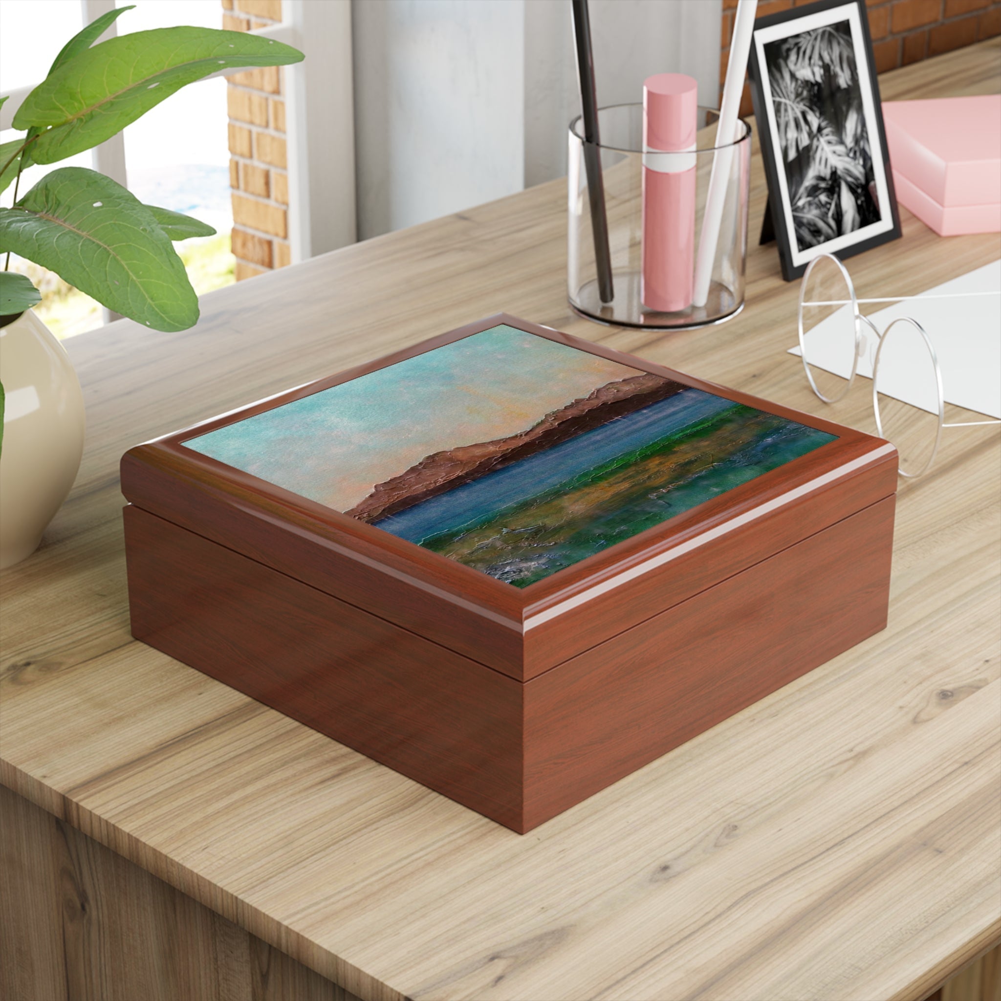 Scalpsie Bay jewellery box with brown wooden lid painted Scottish landscape