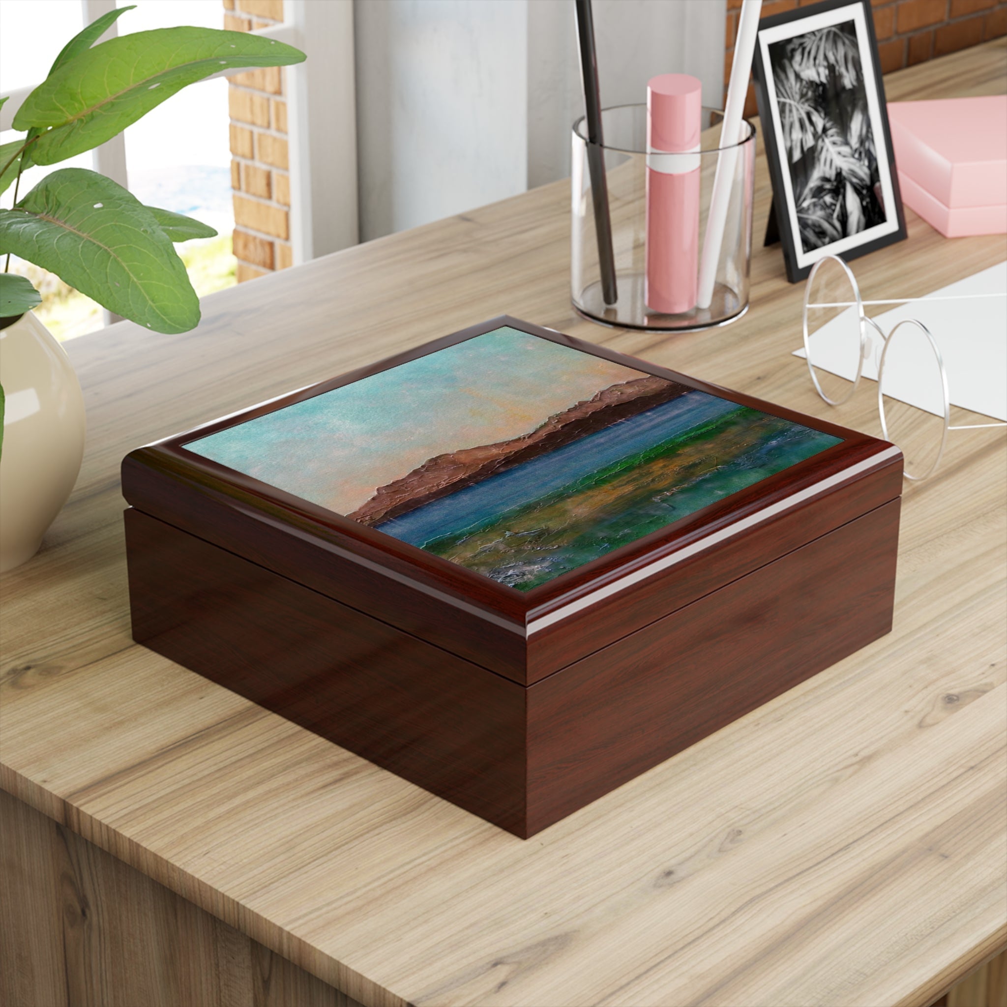 Scalpsie Bay jewellery box with teal green landscape lid
