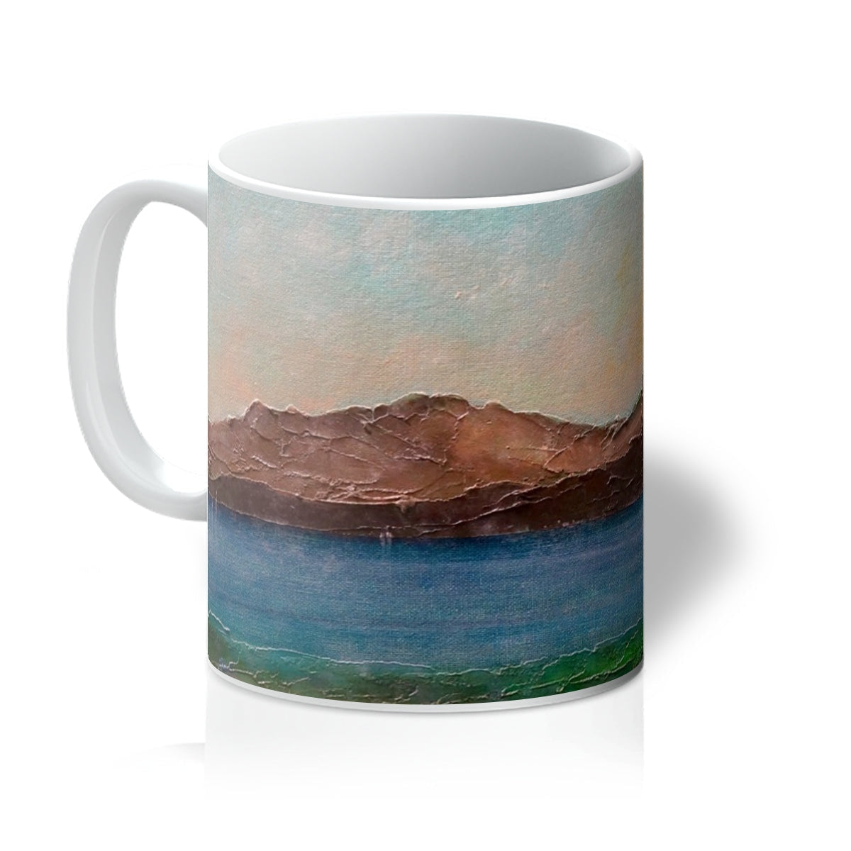Scalpsie Bay white ceramic mug with impressionistic brown mountain landscape