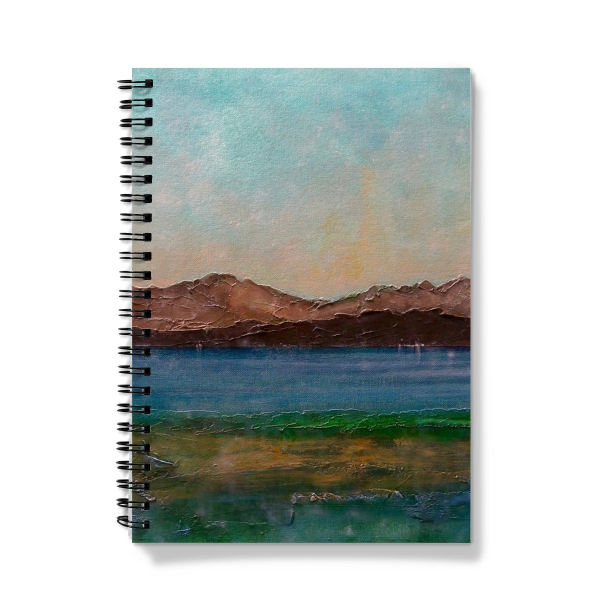 Scalpsie Bay notebook with impressionistic teal sky and mountain landscape