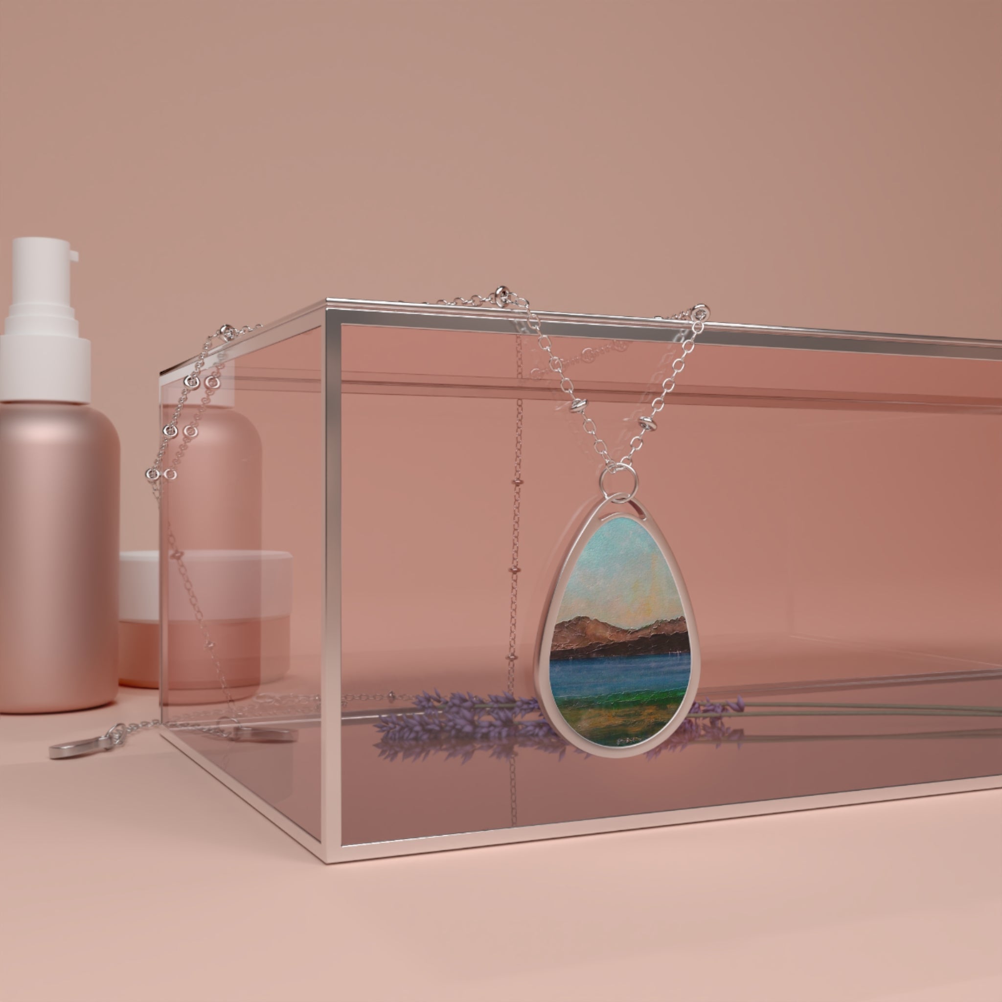 Scalpsie Bay silver teardrop pendant necklace with Scottish landscape art