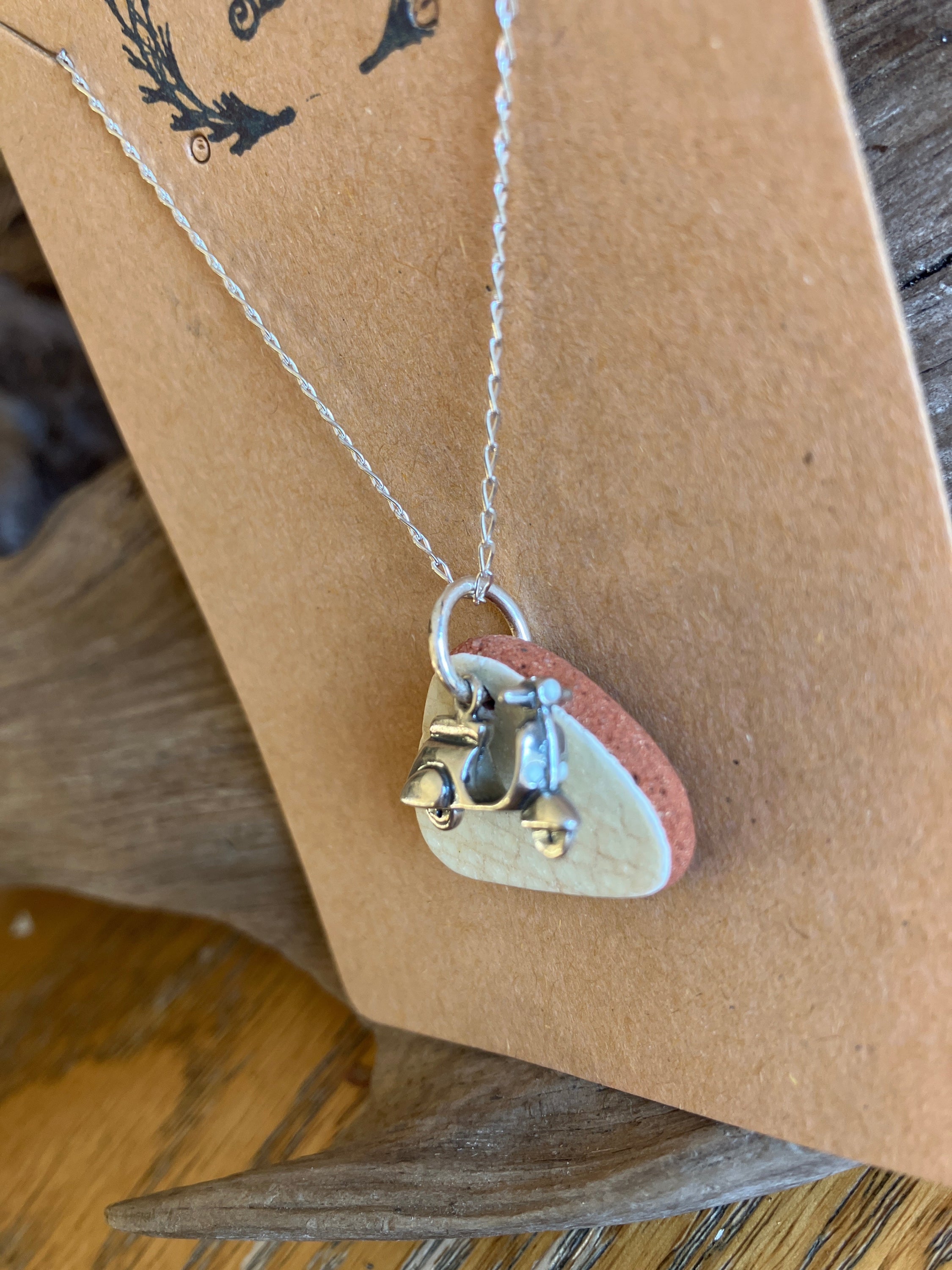Silver necklace featuring a two-tone stone and tiny Scooter Vespa charm, Scottish Sea Pottery 925 pendant