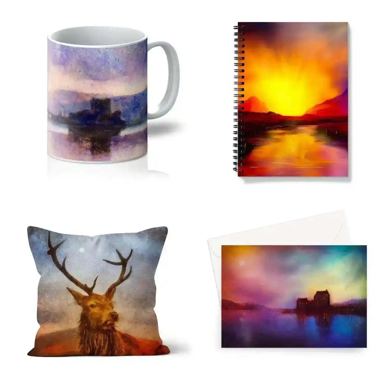 1970s-inspired retro mug with a vibrant sunset design featuring purple, orange, and blue hues on white ceramic.