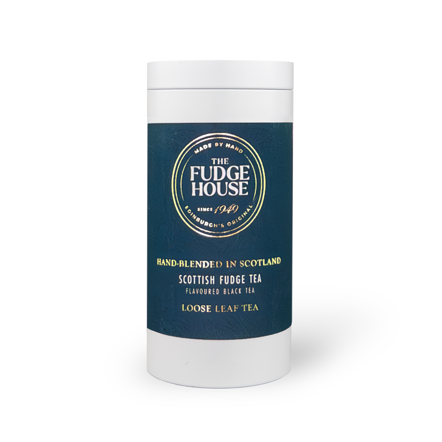 Scottish Fudge Tea black tea in white tin with teal label