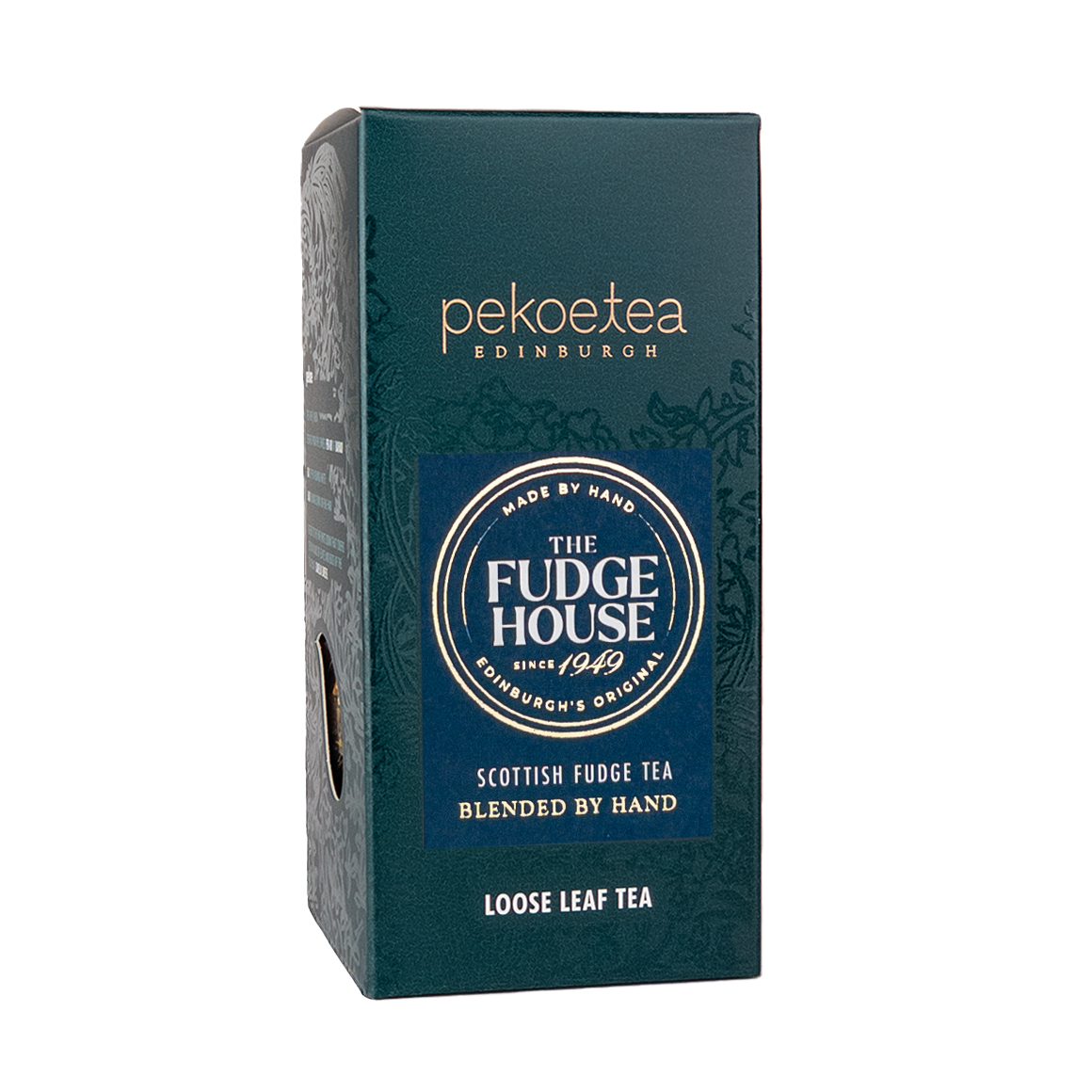 Scottish Fudge Tea deep teal box with gold lettering and navy emblem