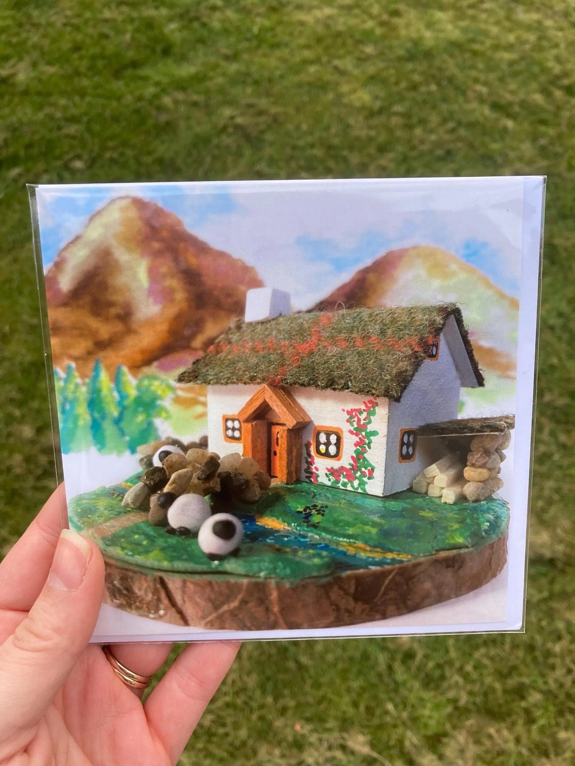 Scottish Highland Sheep Bothy Square Printed Blank Greetings Card with 3D cottage and mountain scene