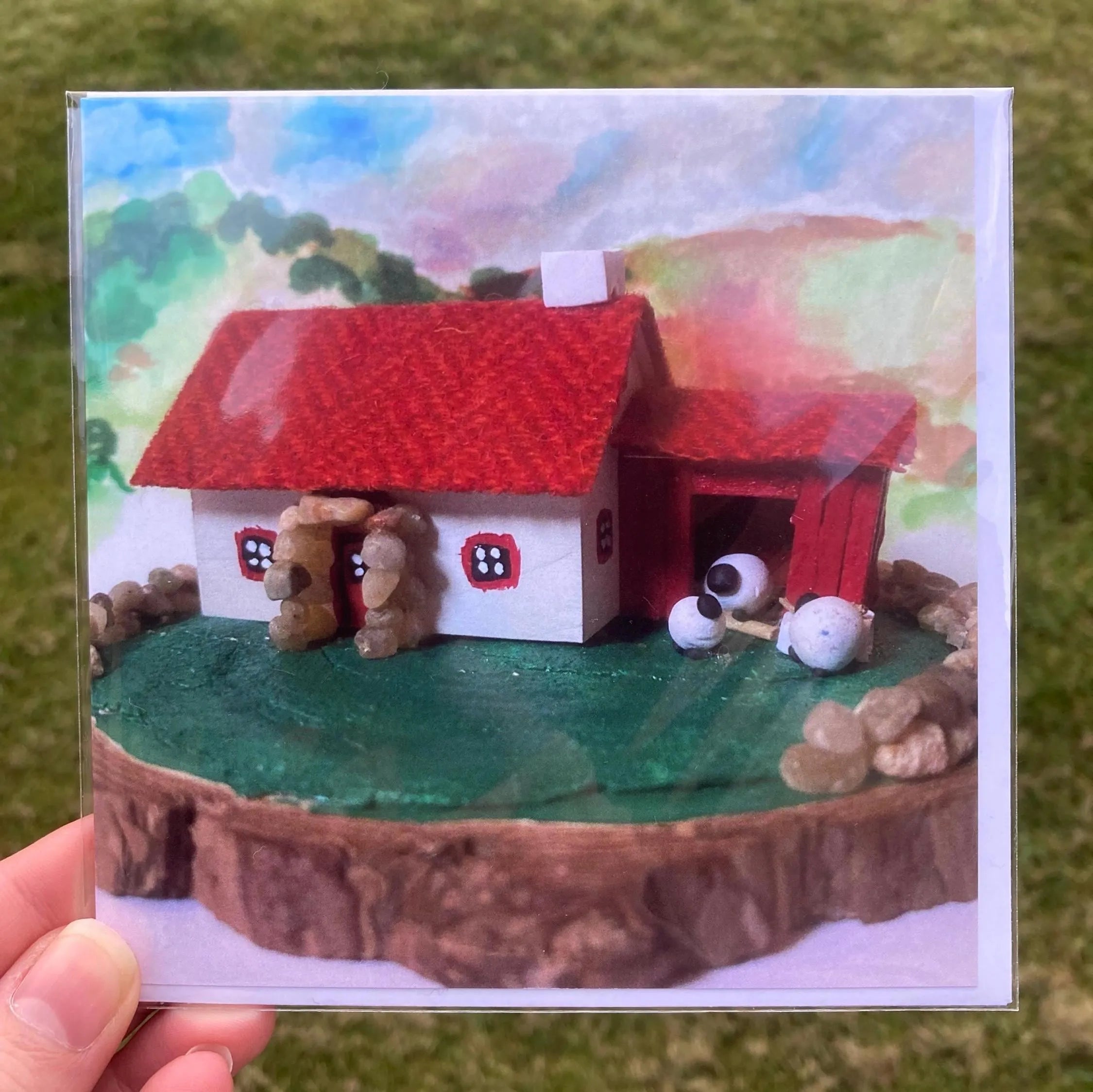 Handcrafted miniature farm scene with White House, Red Barn, and Scottish Highland Sheep