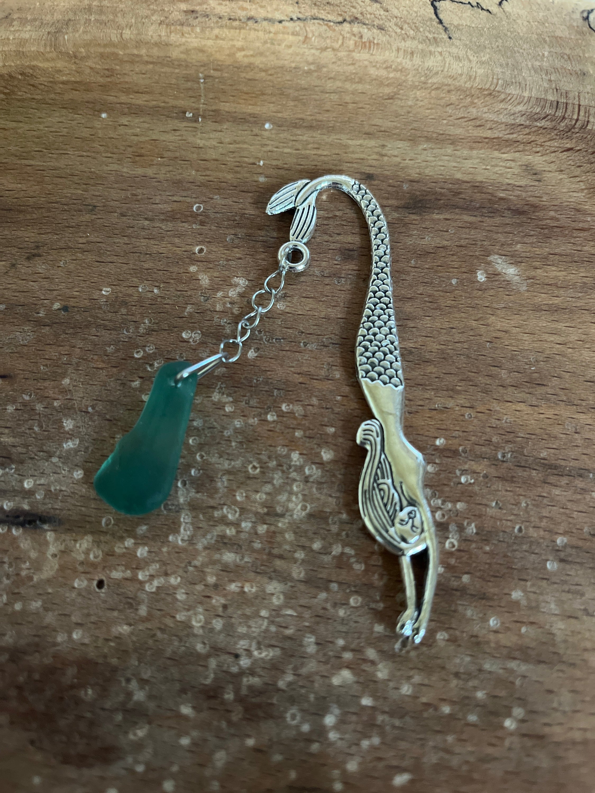 Scottish Seaglass silver mermaid bookmark with textured tail and teal pendant