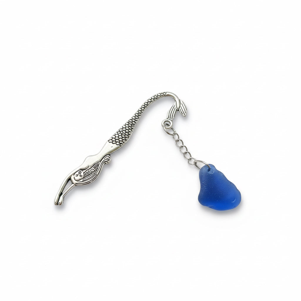 Scottish Seaglass silver mermaid bookmark with textured tail and blue sea glass chain