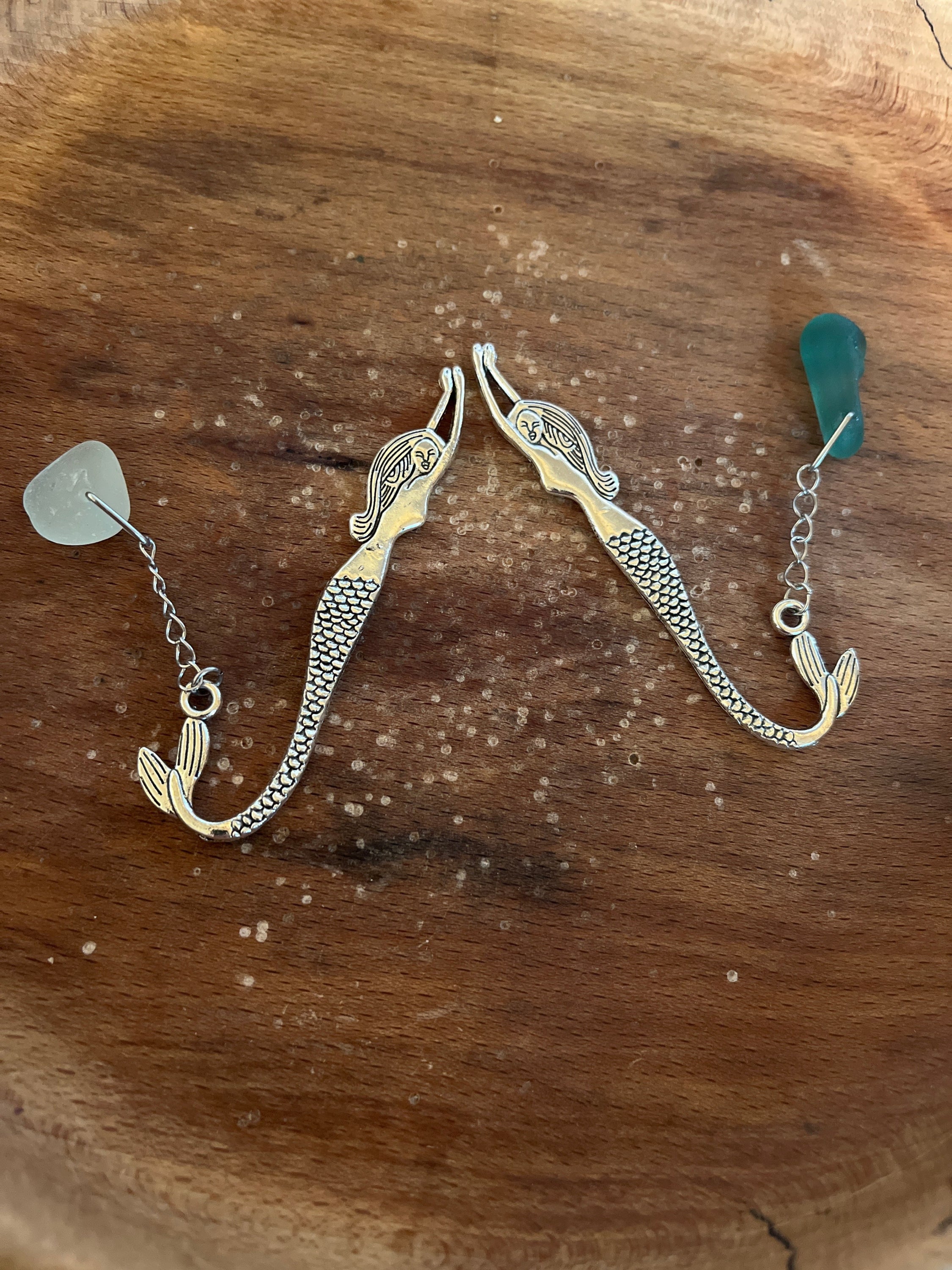 Silver mermaid tail bookmark with textured scales and sea glass beads