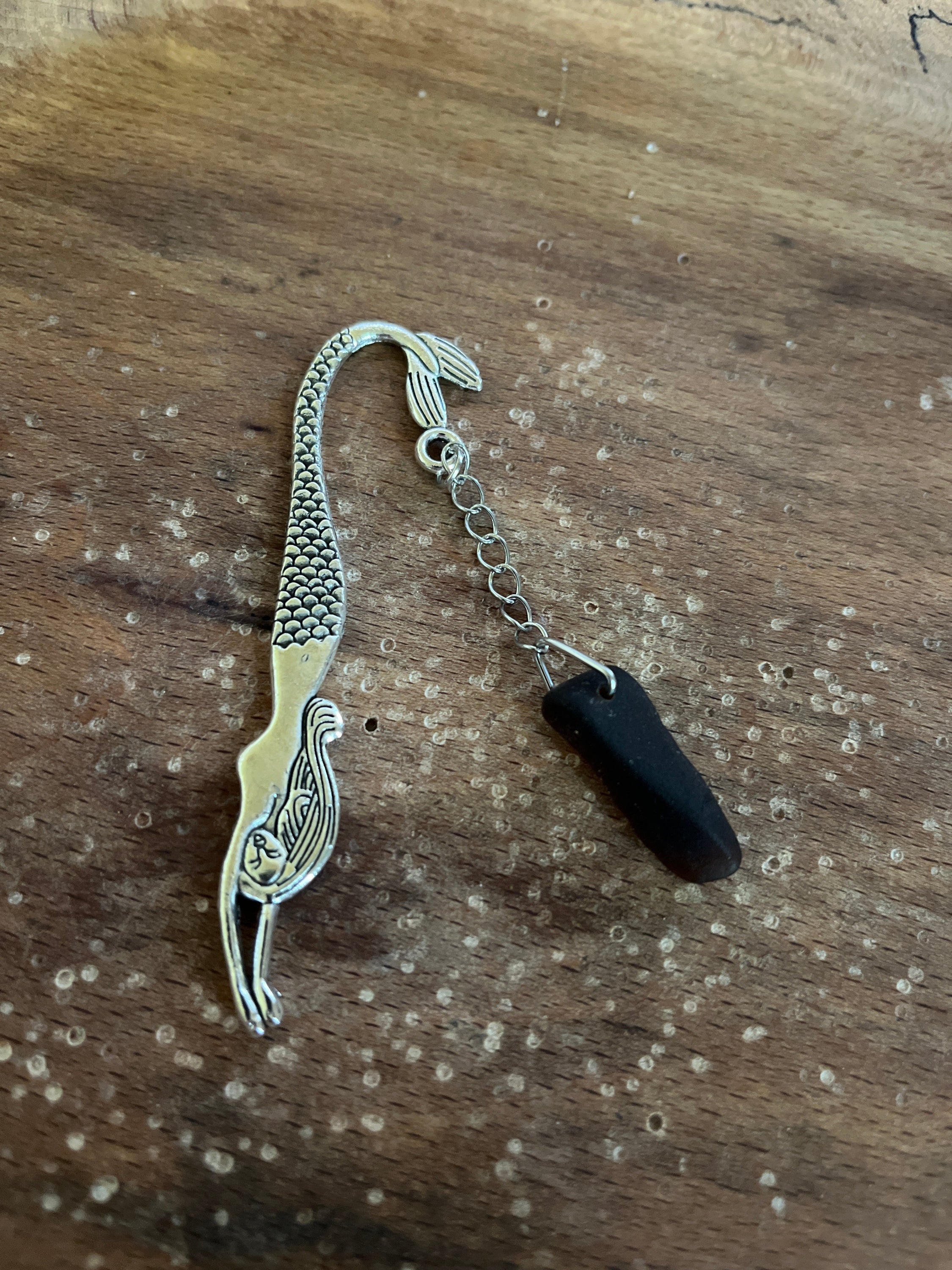 Scottish Seaglass Silver Mermaid Tails bookmark with glossy black tail accent