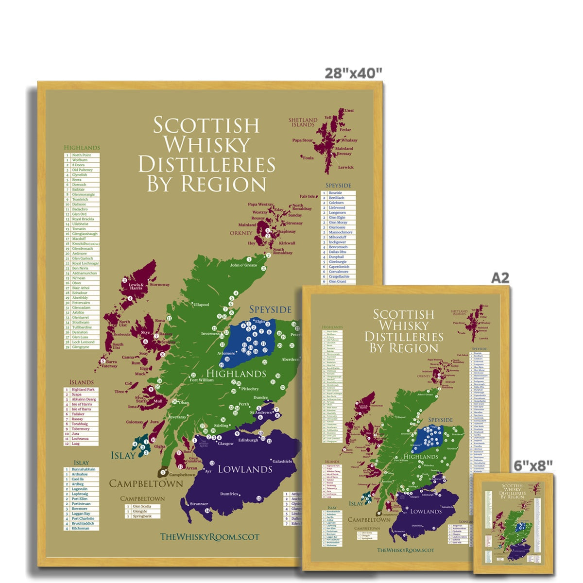 Antique framed print of Scottish whisky distilleries map poster