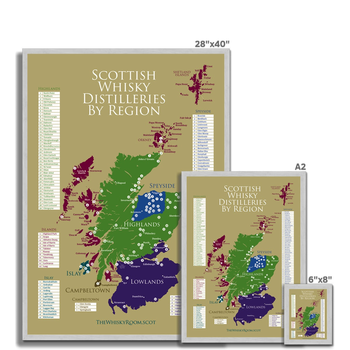 Antique framed print of gold Scottish whisky distilleries map by region