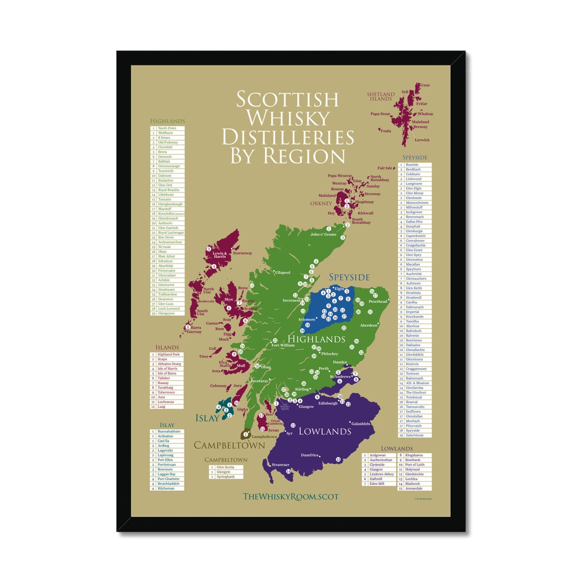 Framed gold map of Scottish whisky distilleries by region