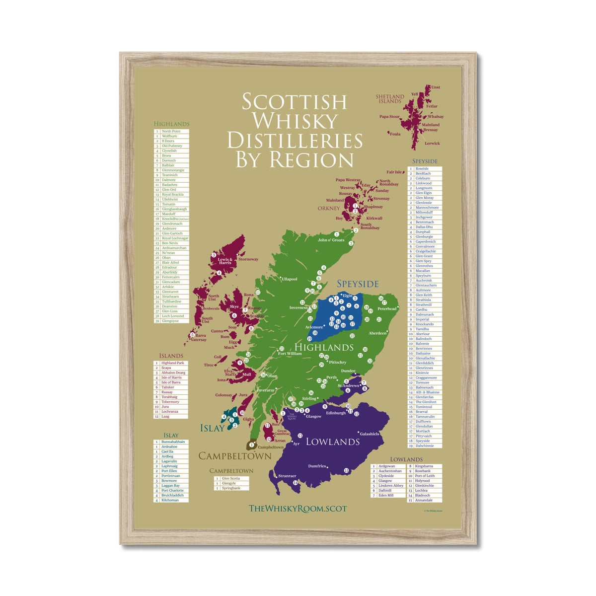 Framed wooden map of Scottish whisky distilleries by region
