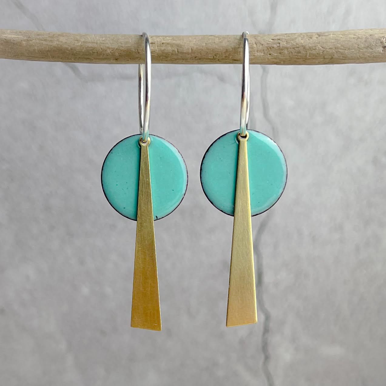 Sea Foam Geometric earrings: turquoise enamel brass drops with silver hooks
