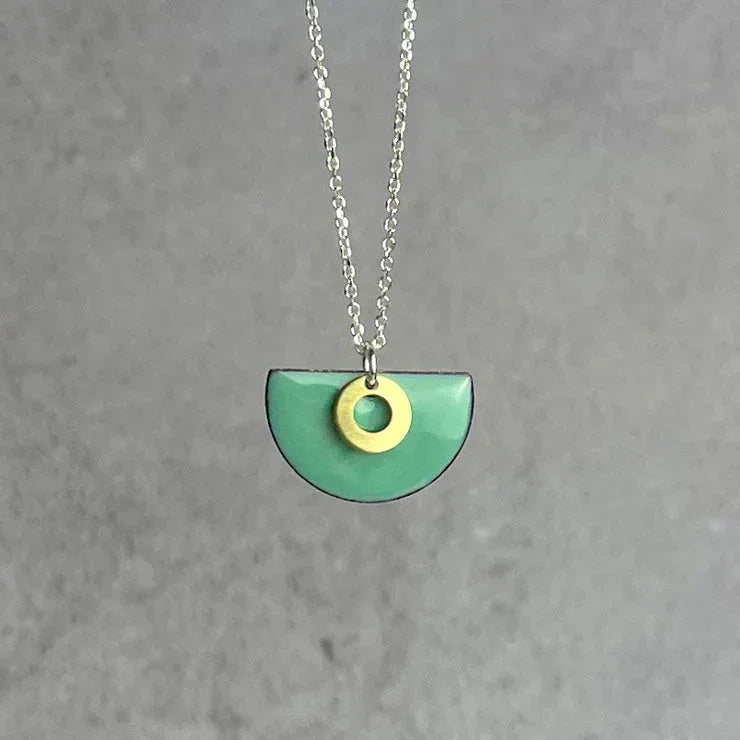 Sea Foam Semi Circle Necklace in mint green enamel by Lindsay Mcdowall Jewellery