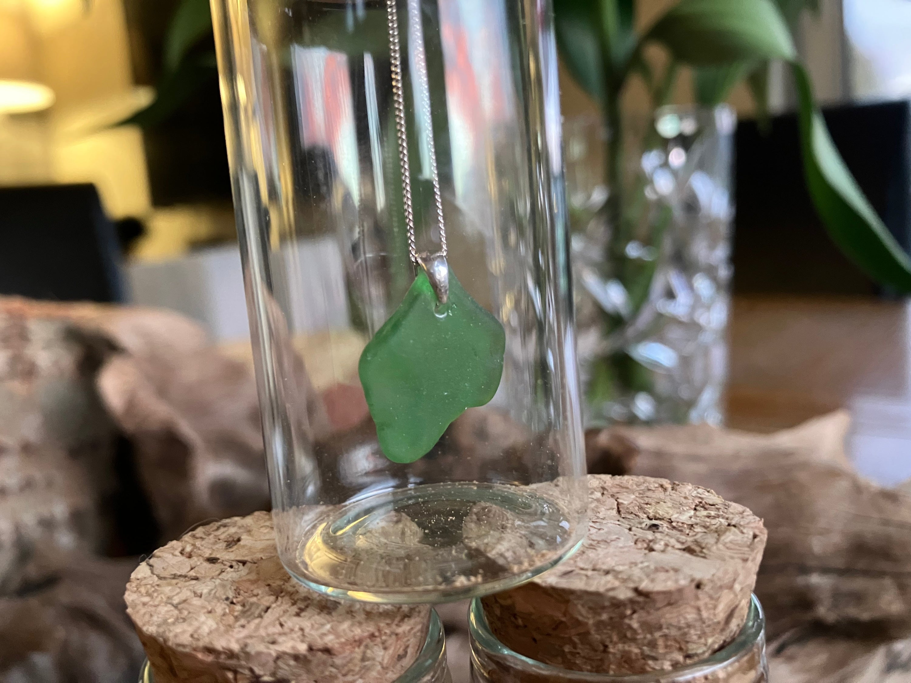 Green Seaglass Mermaids Tears heart pendant necklace in bottle