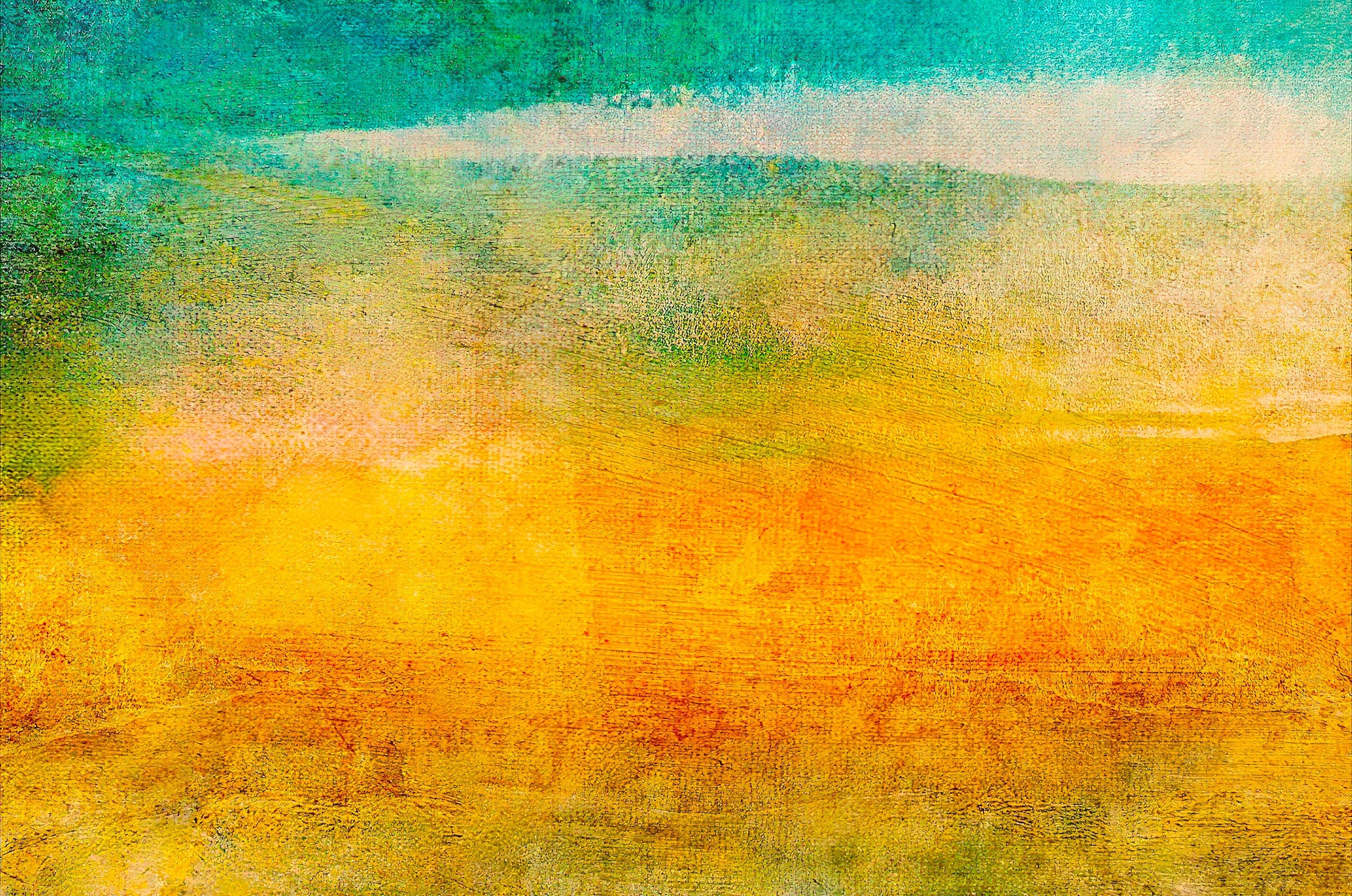 The Shoreline II original abstract impressionistic watercolor painting in teal, white, yellow, orange gradients with brushstrokes