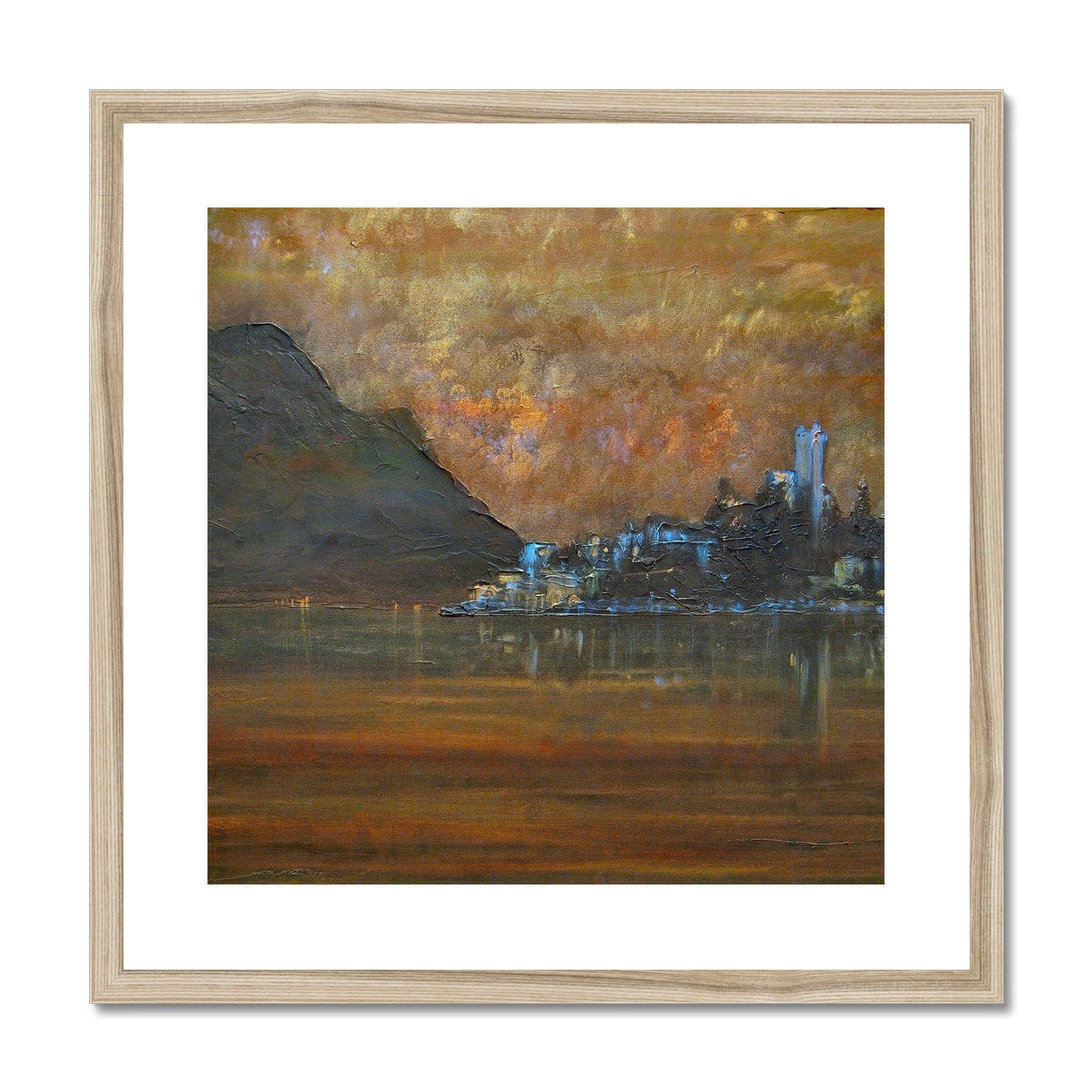 Sirmione Lake Garda art print: wooden-framed mountain and castle landscape in warm earth tones