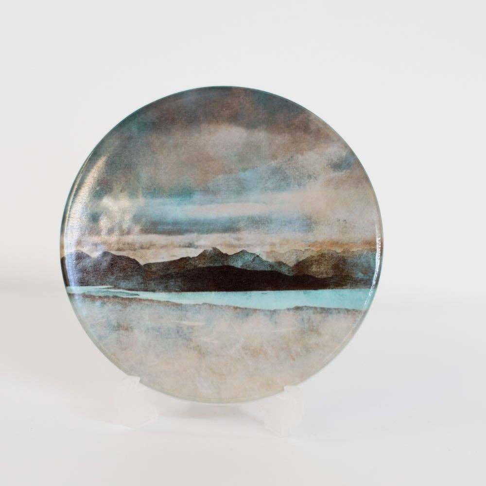 Skye ceramic coaster with painted Scottish mountain landscape in muted blues and grays