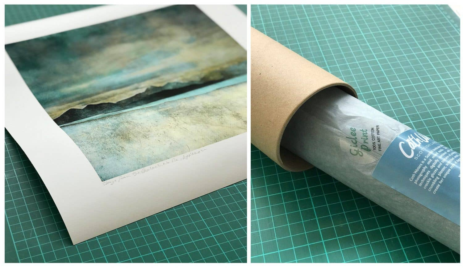 Watercolor Skye landscape print in teal green beige hues on textured paper by Cath Waters