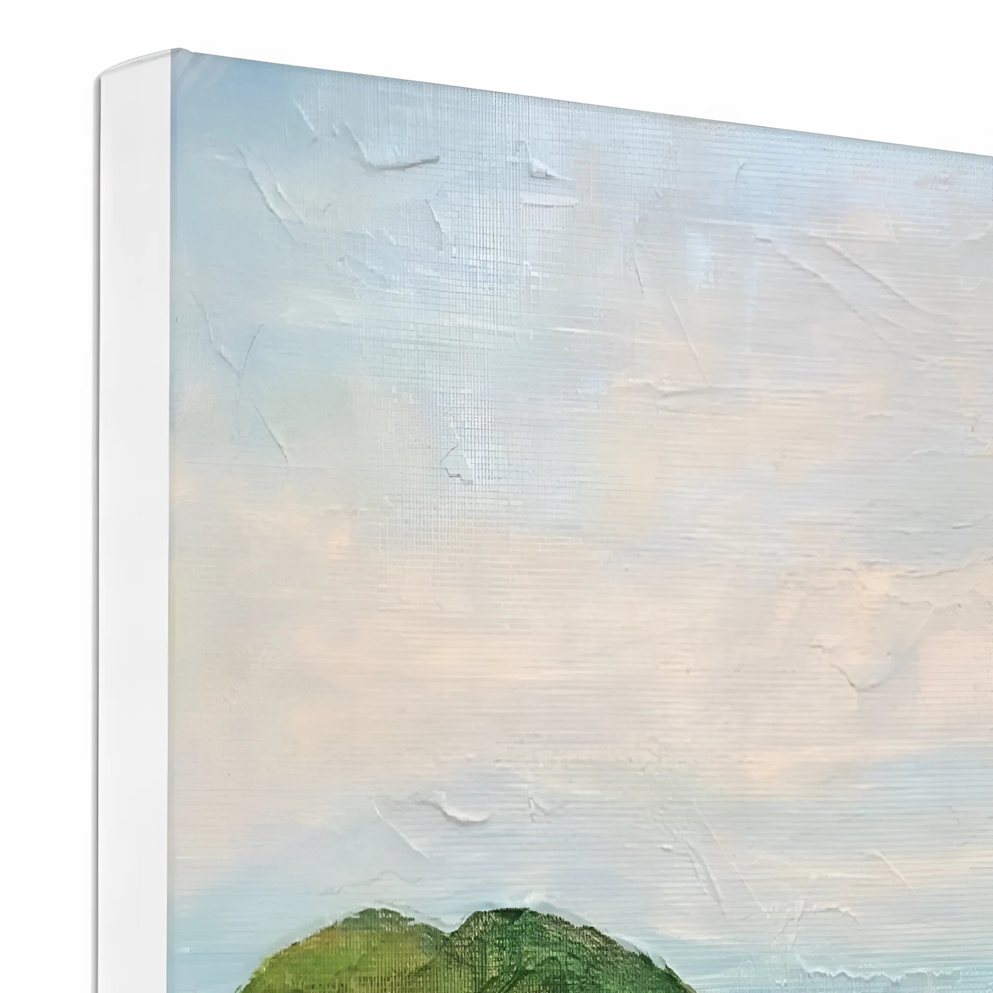 Textured oil painting on canvas with a white frame for A Skye Cottage Canvas display