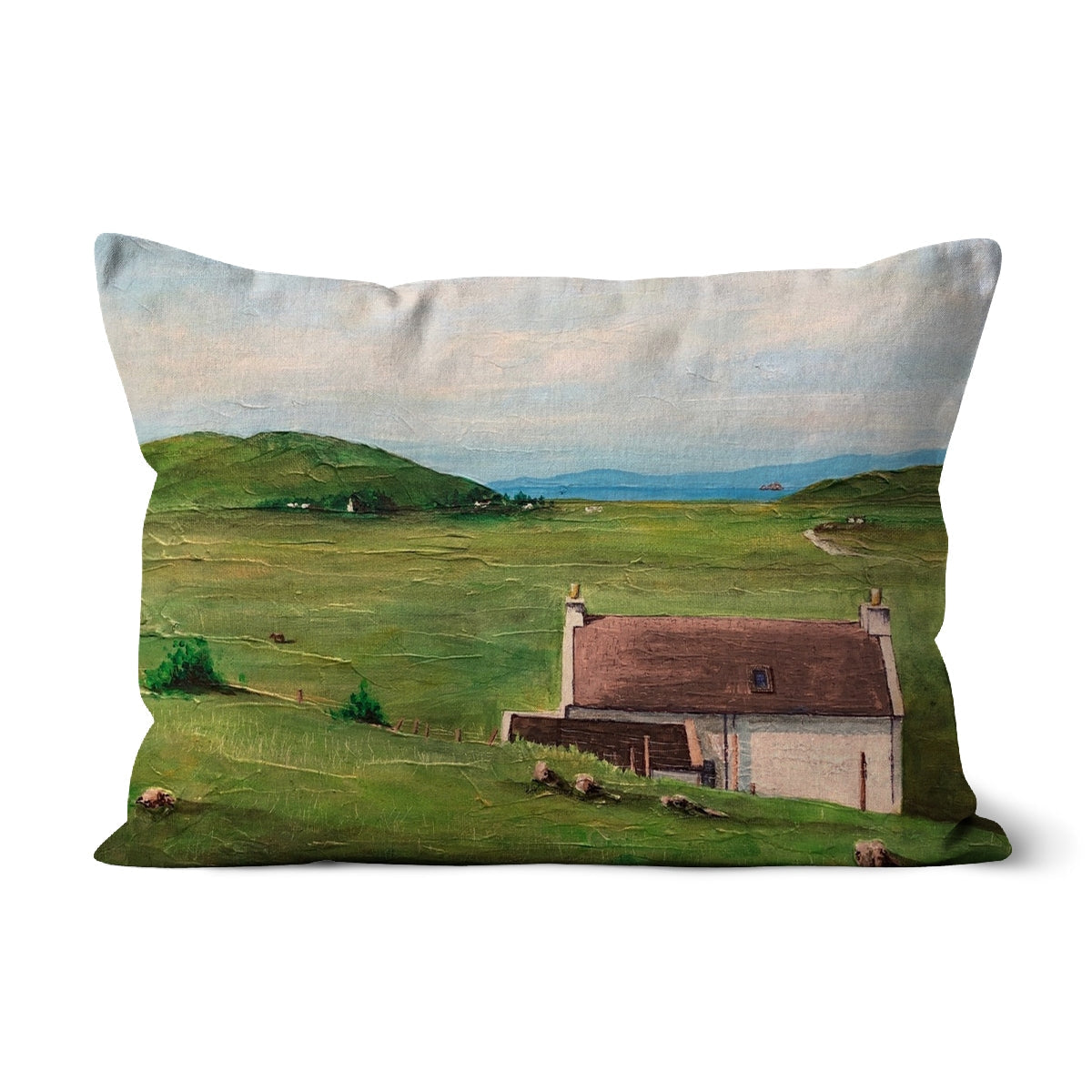 Decorative rectangular pillow with painted landscape scene for Skye Cottage Cushion