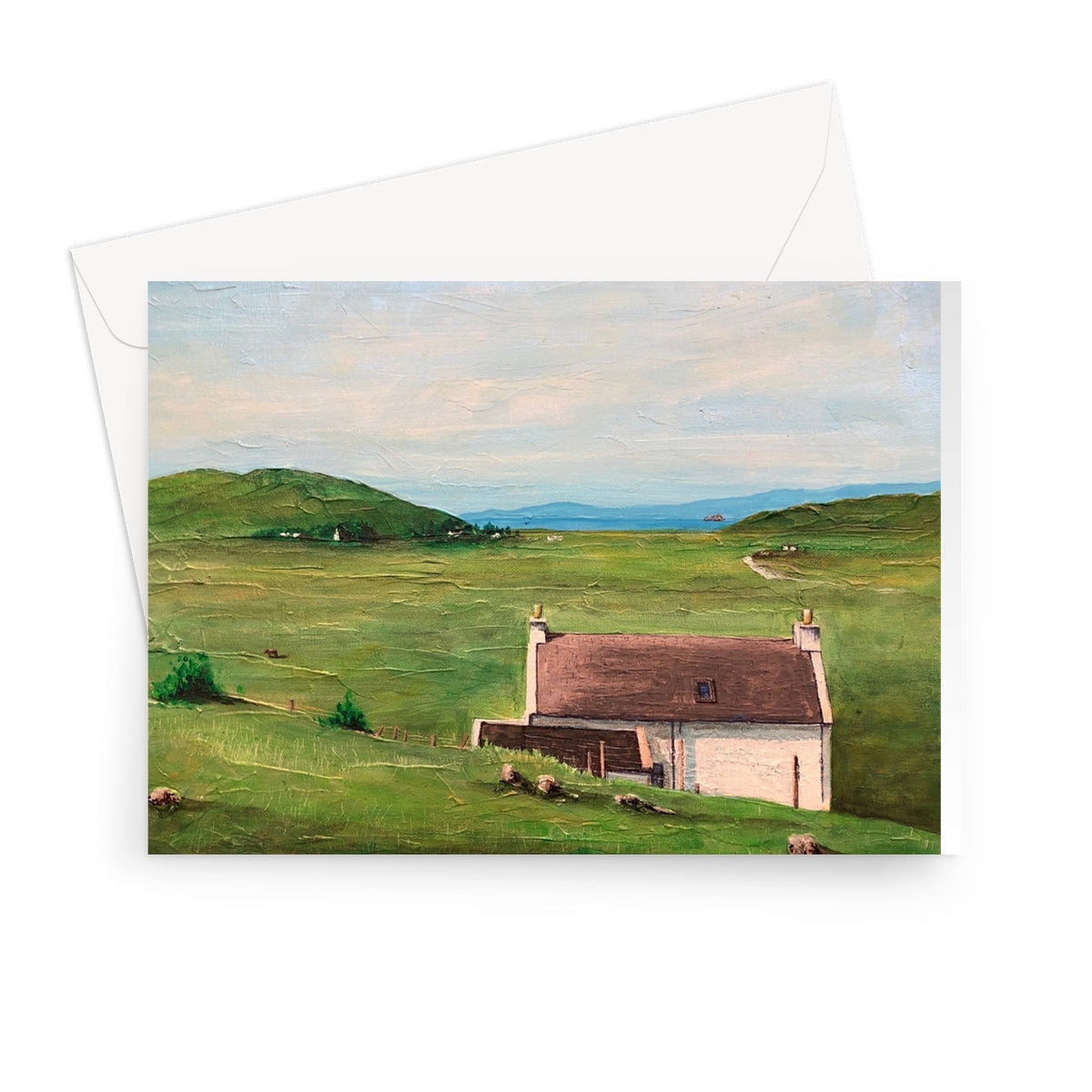 A Skye Cottage Greeting Card with a painting of a white house and brown roof in a green landscape