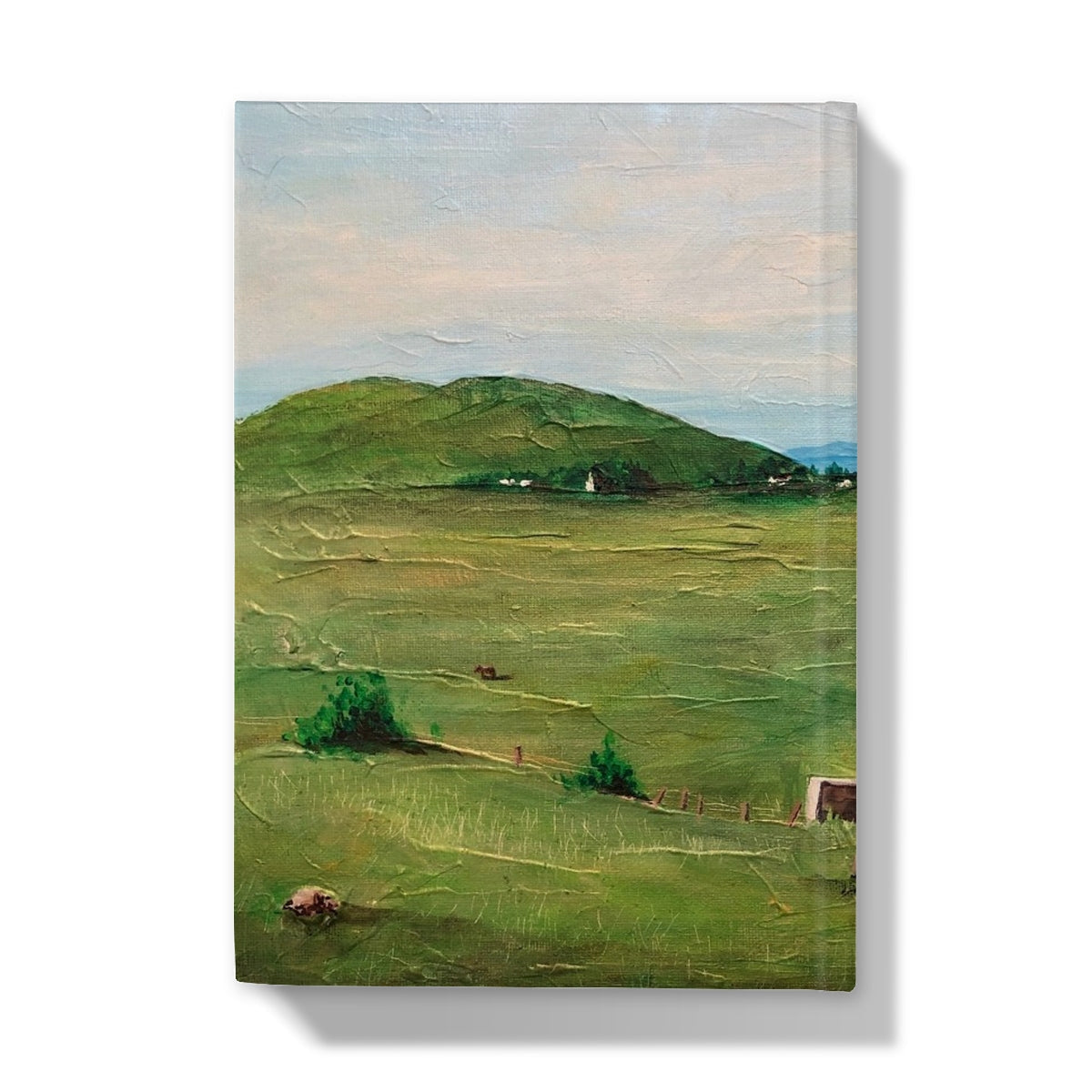 Textured oil painting of a rolling green landscape with mountain fields and distant buildings