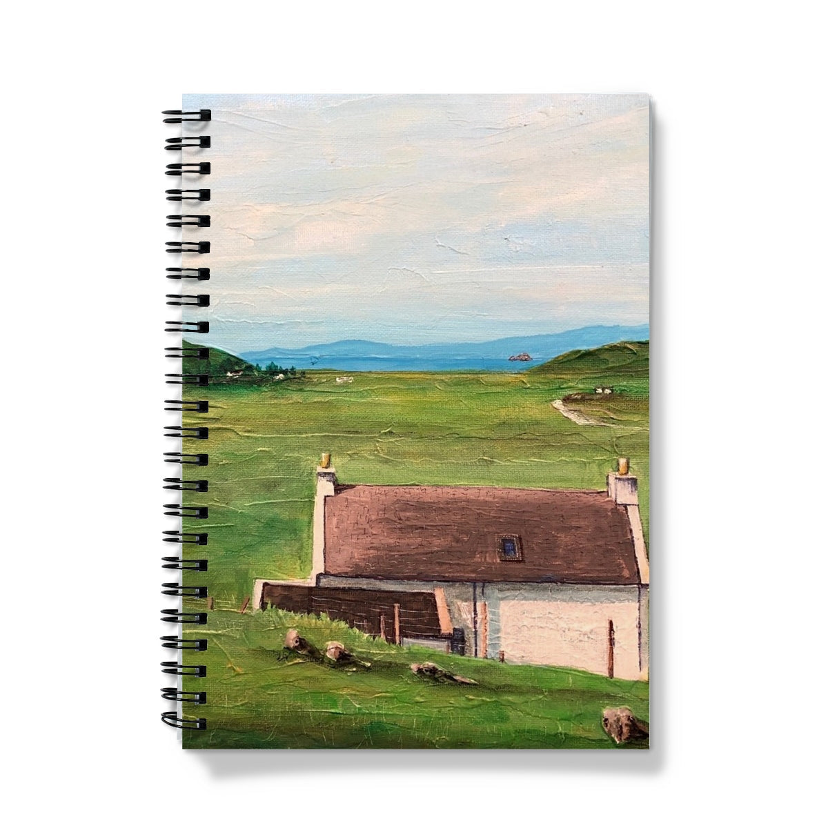 Spiral-bound Skye Cottage Notebook with painted landscape of house in green field