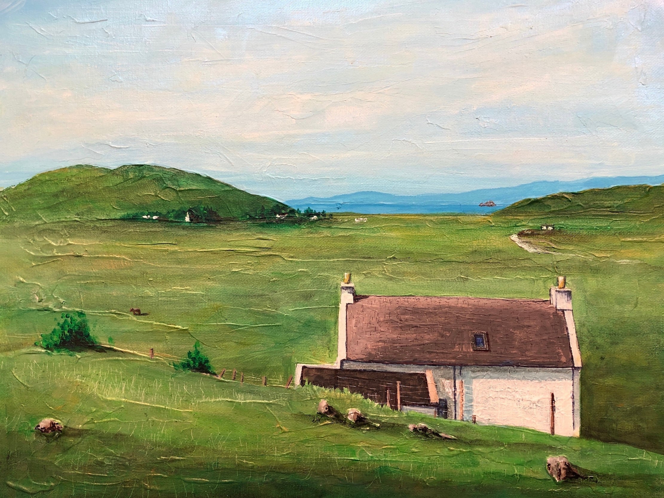Rural cottage in a lush green landscape featured in A Skye Cottage Original Painting