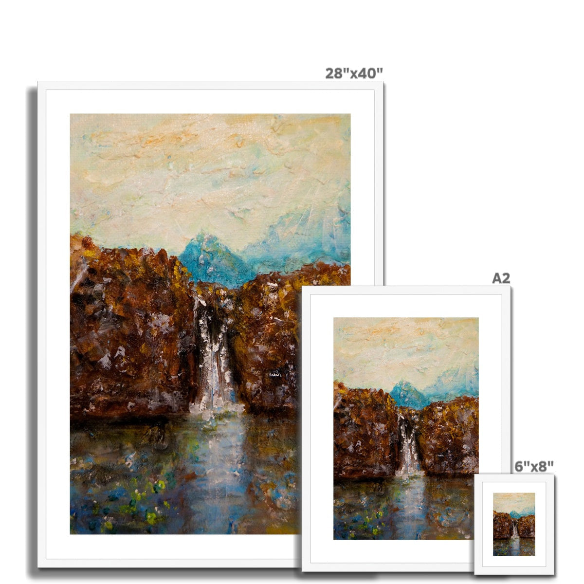 Framed oil painting of Skye Fairy Pools waterfall on earth-toned cliffs