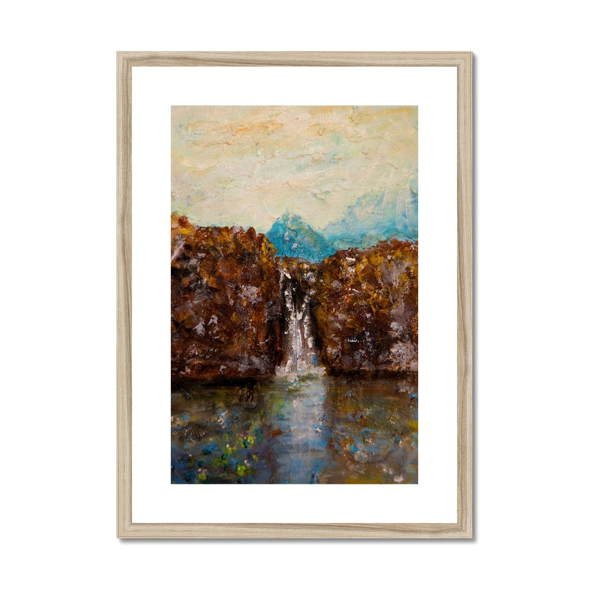 Skye Fairy Pools art print of waterfall between rugged cliffs and blue mountains