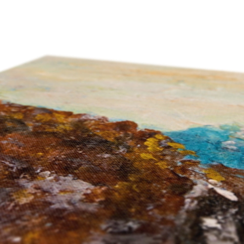 Skye Fairy Pools canvas print: textured coastal scene in brown, ochre, turquoise