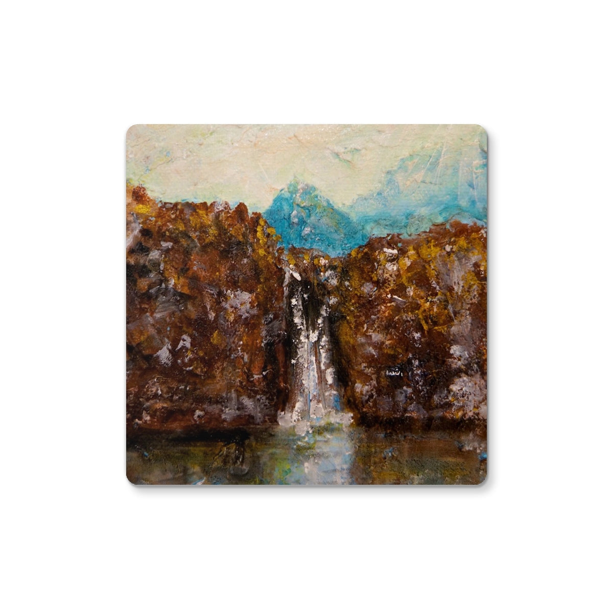Skye Fairy Pools coaster: impressionistic waterfall painting with cliffs