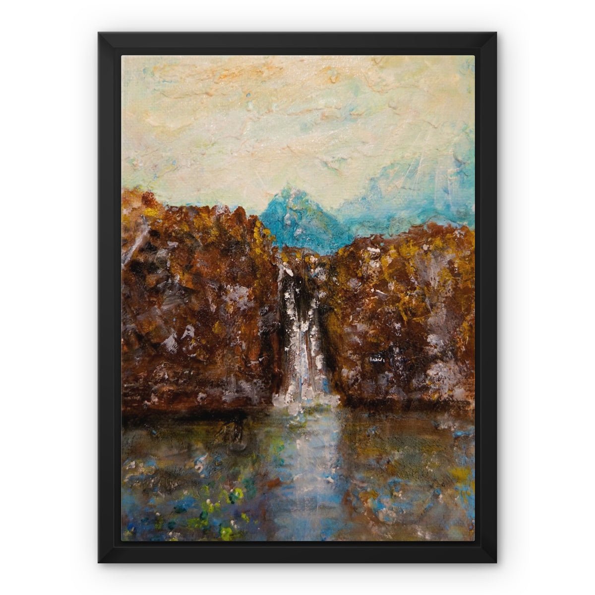 Skye Fairy Pools Painting | Framed Canvas From Scotland-Floating Framed Canvas Prints-Skye Art Gallery-12"x16"-Black Frame-Paintings, Prints, Homeware, Art Gifts From Scotland By Scottish Artist Kevin Hunter